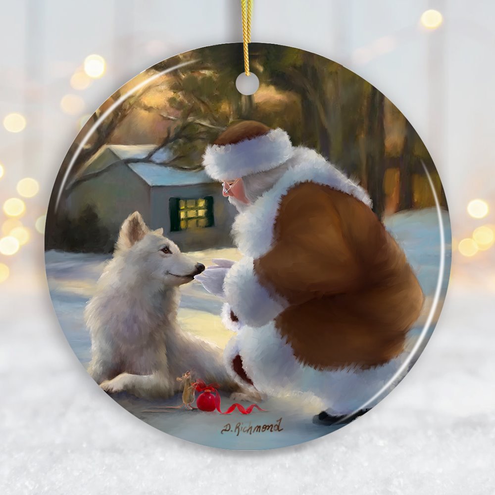 It's Almost Christmas Santa Wolf and Curious Mouse Ornament Ceramic Ornament OrnamentallyYou Circle 
