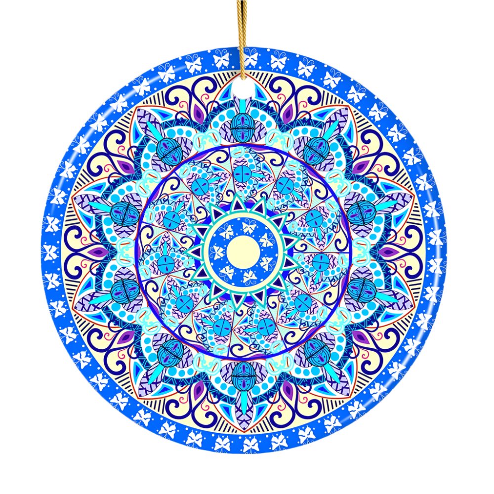 Luminescent Blue Mandala Christmas Ornament, Ethnic Indian Decoration, Hinduism, Buddhism, Jainism Ceramic Ornament OrnamentallyYou 