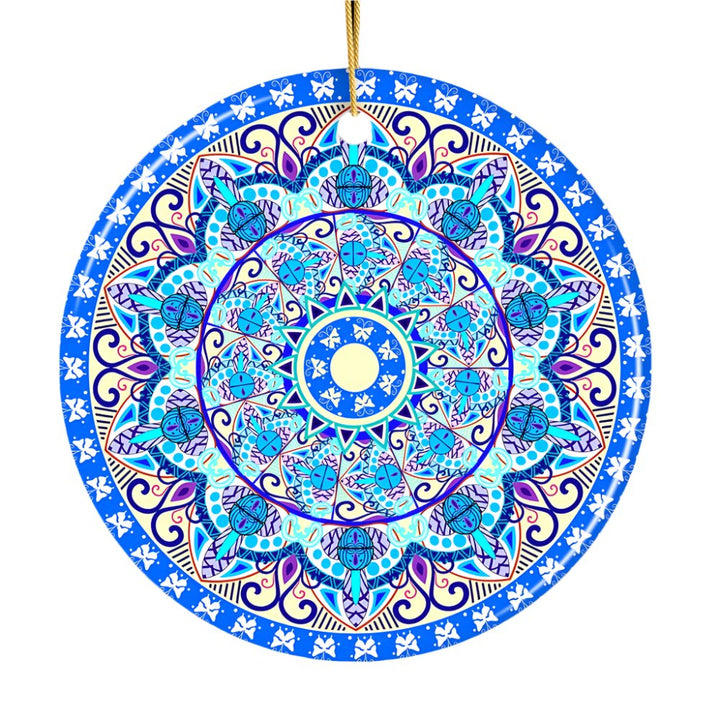 Luminescent Blue Mandala Christmas Ornament, Ethnic Indian Decoration, Hinduism, Buddhism, Jainism Ceramic Ornament OrnamentallyYou 