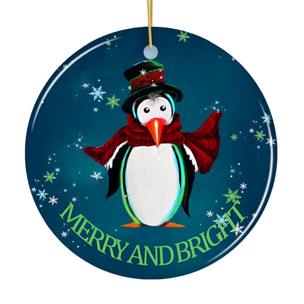 Merry and Bright Penguin Christmas Ornament Ceramic Ornament OrnamentallyYou 