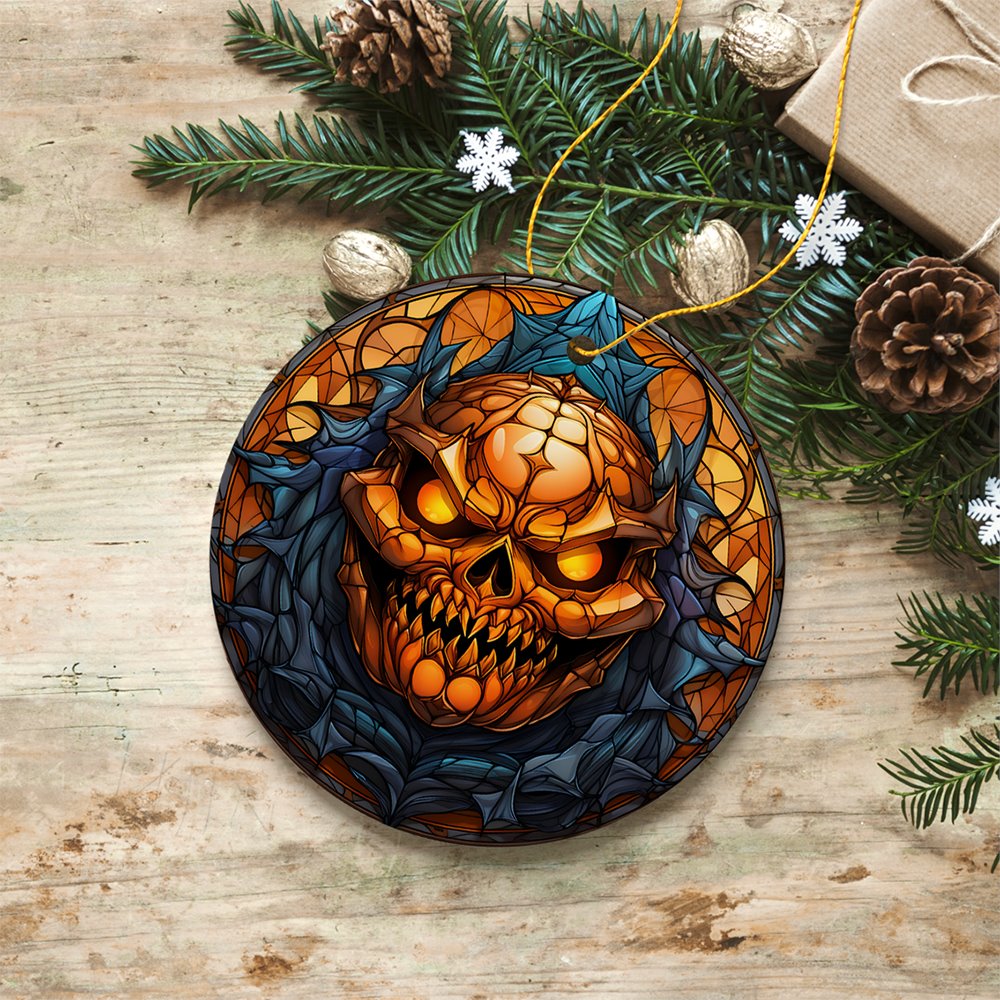 Pumpkin Skull with Glowing Red Eyes Stained Glass Style Ceramic Ornament, Halloween Themed Christmas Gift and Decor Ceramic Ornament OrnamentallyYou 