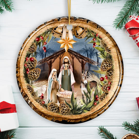 Rustic Nativity Birth of Christ Scene Ornament, Christianity and Son of God Ceramic Ornament OrnamentallyYou Circle 