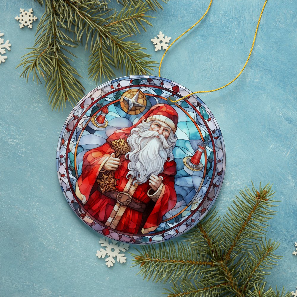 Santa Claus Suncatcher Stained Glass Style Ceramic Ornament, Christmas Gift and Decor Ceramic Ornament OrnamentallyYou 