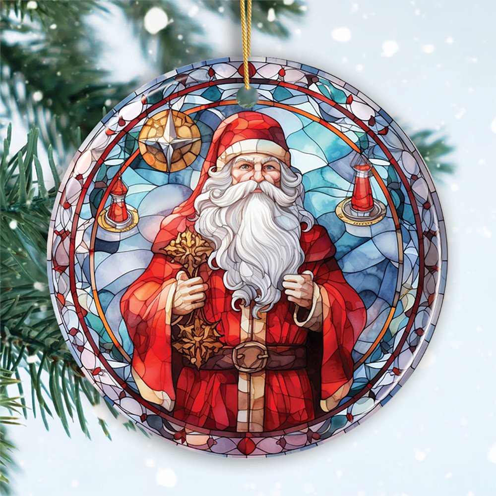 Santa Claus Suncatcher Stained Glass Style Ceramic Ornament, Christmas Gift and Decor Ceramic Ornament OrnamentallyYou Circle 