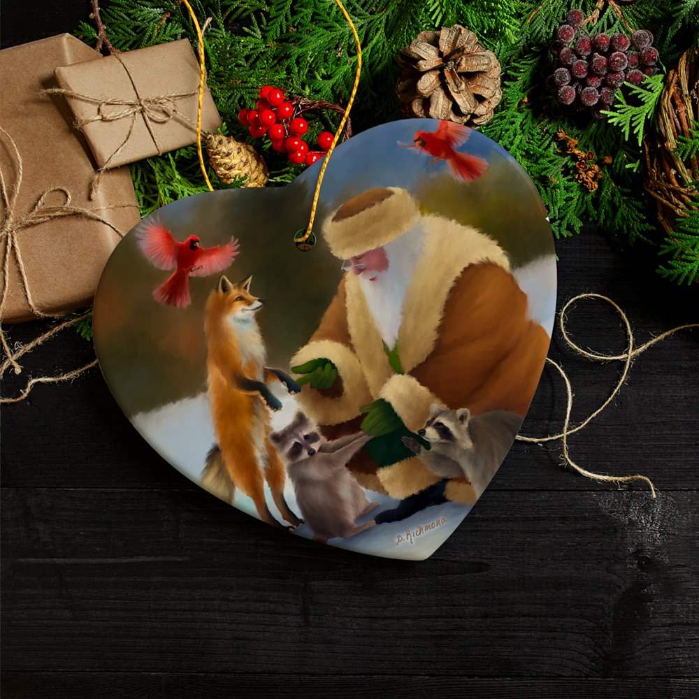 Santa's Farm Critters Christmas Ornament, Folk Themed Raccoon, Fox, and Cardinal Ceramic Ornament OrnamentallyYou 