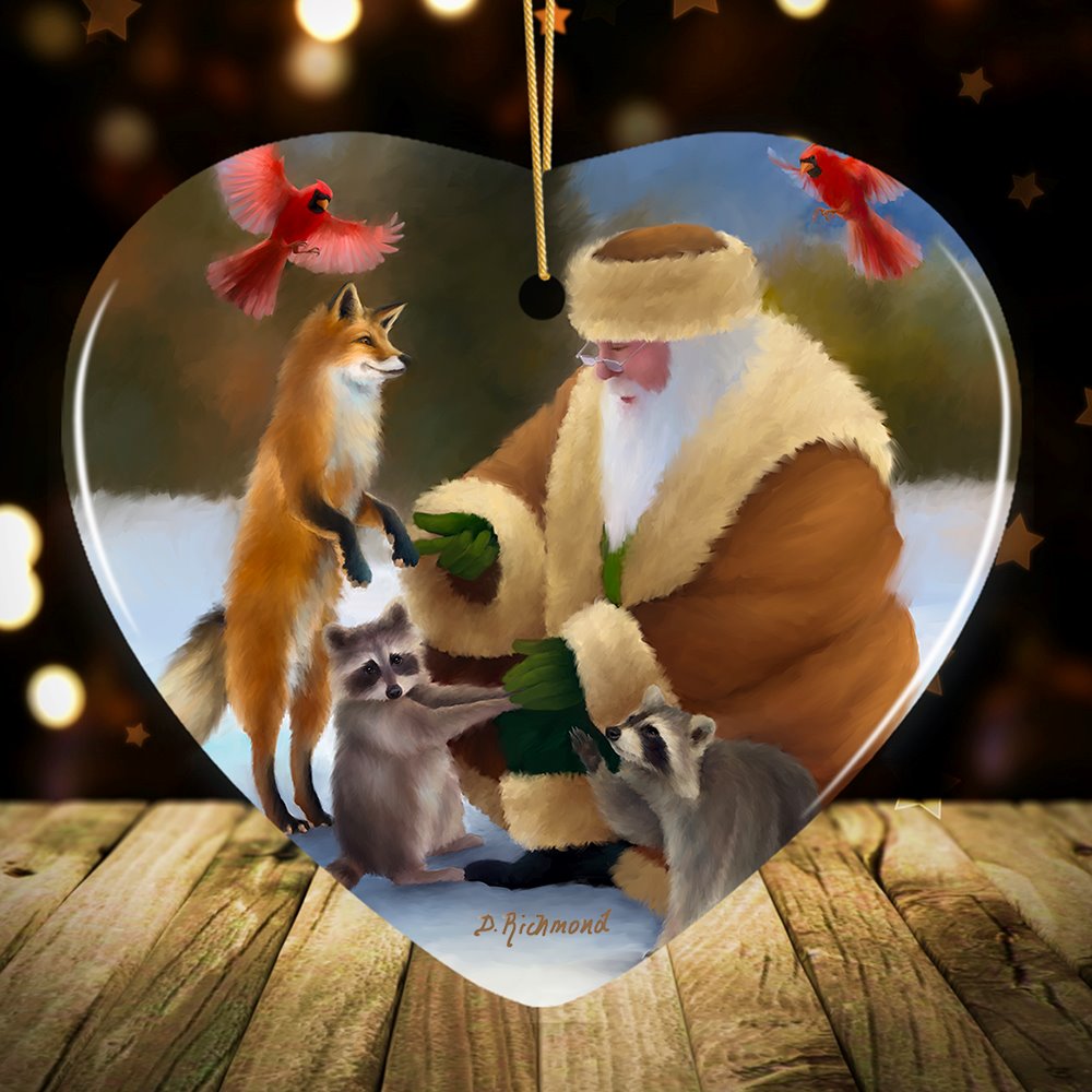 Santa's Farm Critters Christmas Ornament, Folk Themed Raccoon, Fox, and Cardinal Ceramic Ornament OrnamentallyYou Heart 