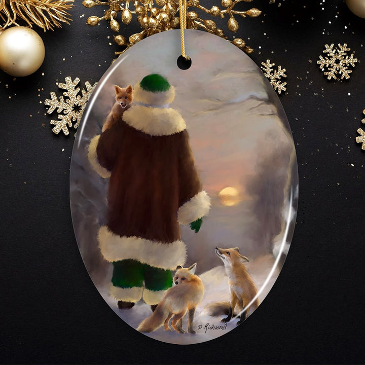 Santa's Foxes Woodland Sunset Art Christmas Ornament Ceramic Ornament OrnamentallyYou Oval 