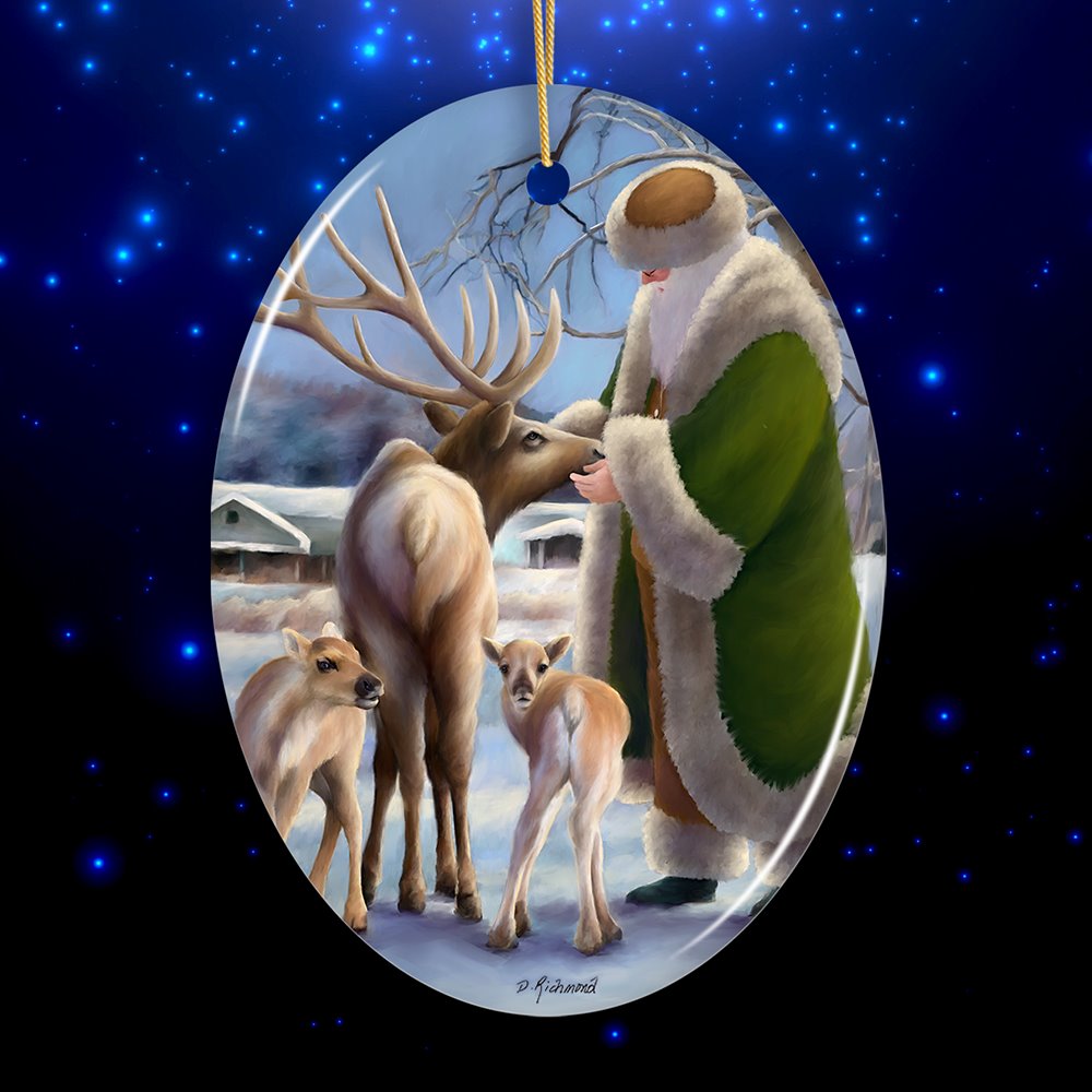 Santa's Reindeer Farm Christmas Ornament Ceramic Ornament OrnamentallyYou Oval 