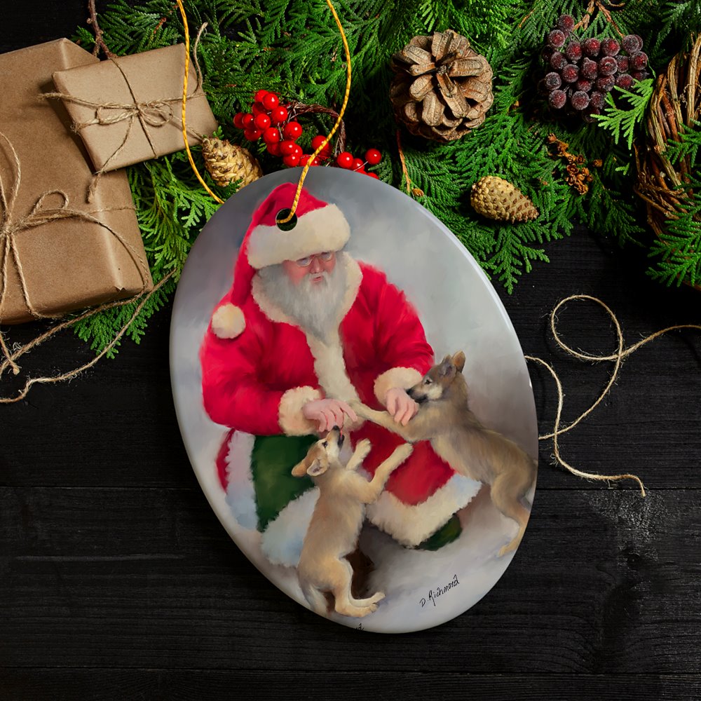 Santa's Wolf Pups Charming Winter Christmas Ornament Ceramic Ornament OrnamentallyYou 