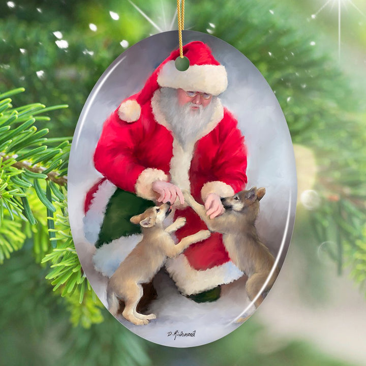 Santa's Wolf Pups Charming Winter Christmas Ornament Ceramic Ornament OrnamentallyYou Oval 