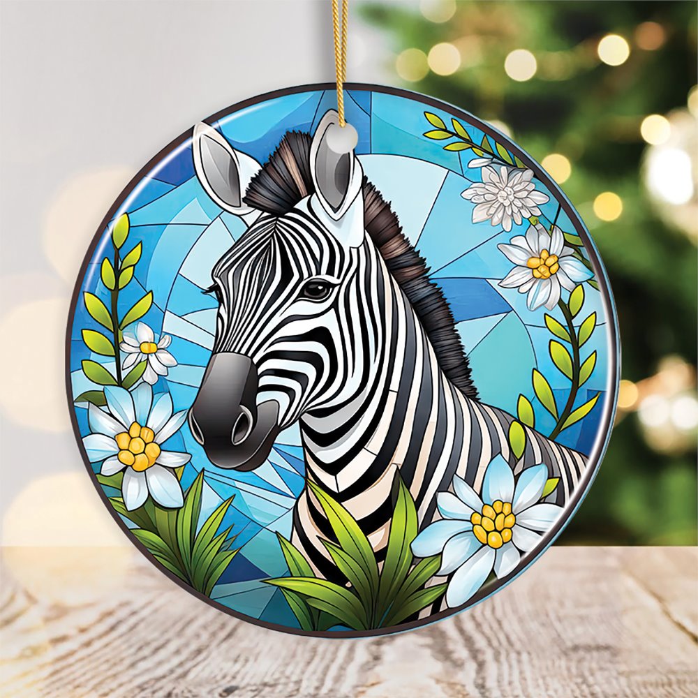 Zebra Stripes Safari Stained Glass Style Ceramic Ornament, African Animals Christmas Gift and Decor Ceramic Ornament OrnamentallyYou Circle 