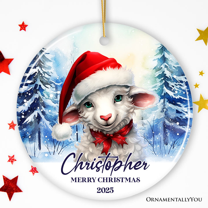 Sheep with Santa Hat Personalized Ornament, Winter Forest Christmas Gift With Custom Name and Date