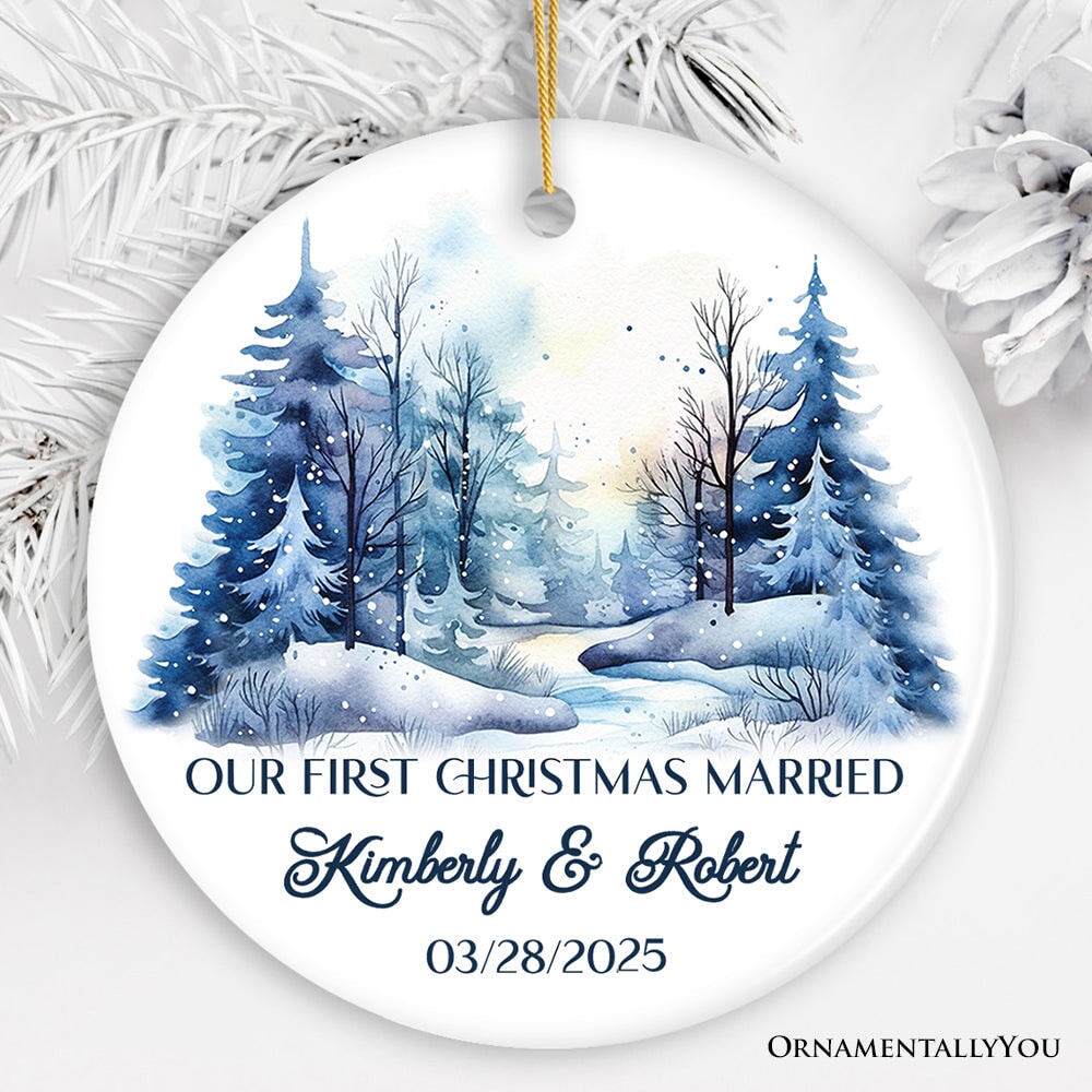 Winter Wonderland Forest Personalize Ornament, First Christmas Married Couple Gift Ceramic Ornament OrnamentallyYou Circle 