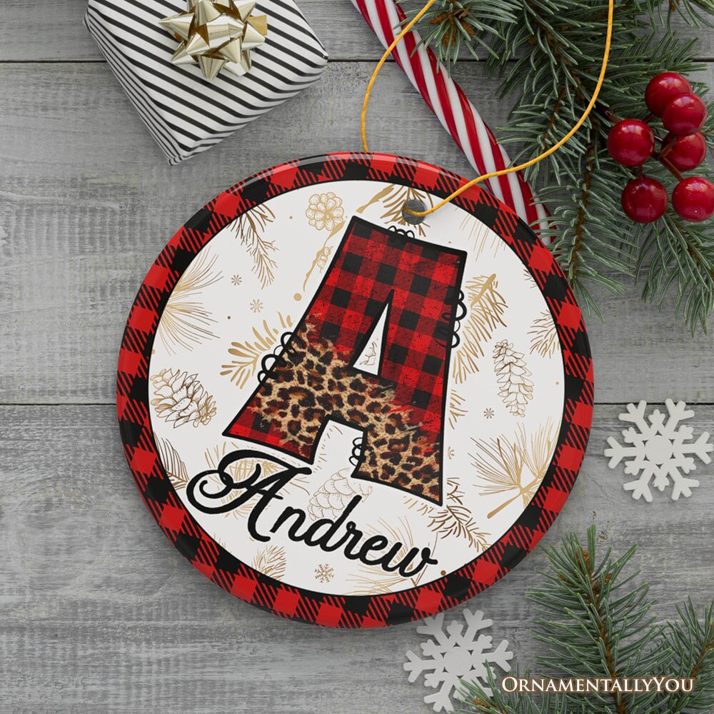 Buffalo Plaid Alphabet Personalized Christmas Ornament, Family Members Name Collection Ceramic Ornament OrnamentallyYou 