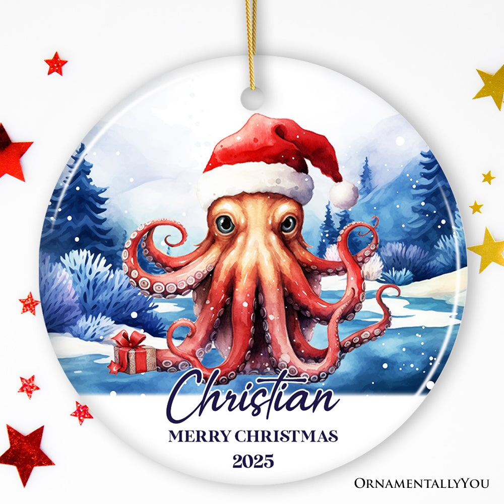 Octopus with Santa Hat Personalized Ornament, Festive Christmas Gift With Custom Name and Date Ceramic Ornament OrnamentallyYou Circle 