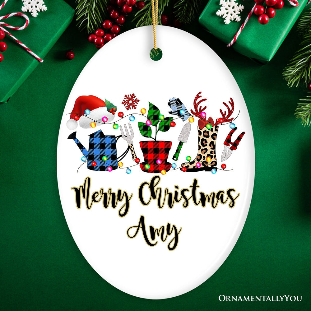 Personalized Plant Lover Gift Buffalo Plaid Leopard Merry Christmas Ornament, Botanical Gift Ceramic Ornament OrnamentallyYou Oval 