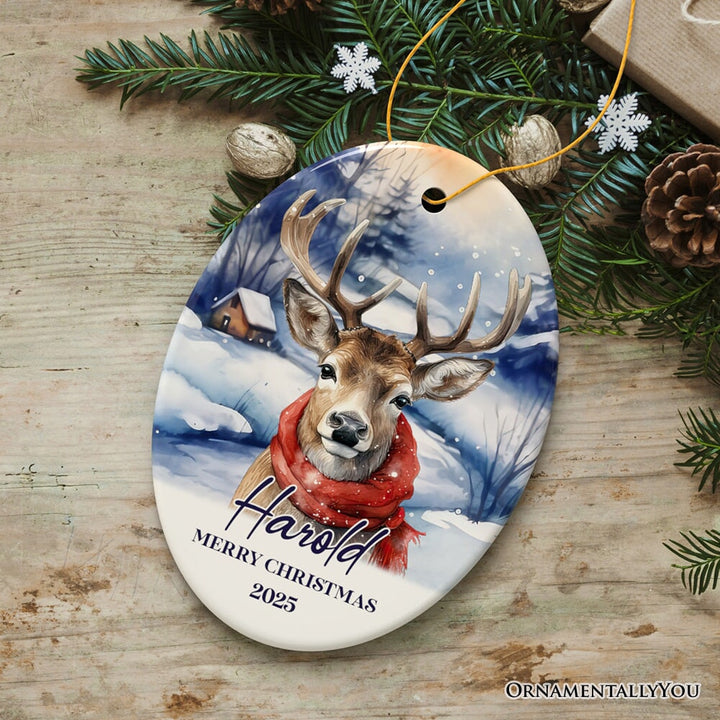 Elegant Deer Personalized Ornament, Winter Forest Christmas Gift With Custom Name and Date Ceramic Ornament OrnamentallyYou Oval 