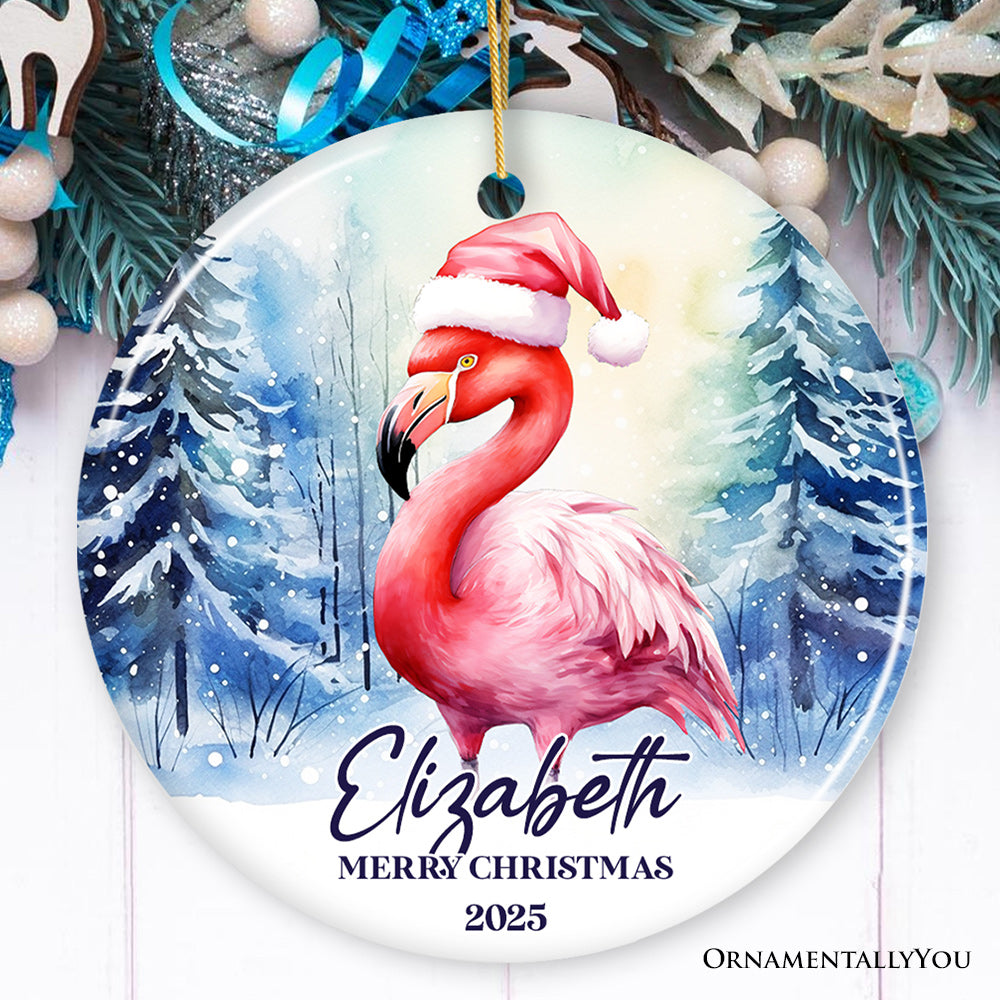 Flamingo with Santa Hat Personalized Ornament, Winter Forest Christmas Gift With Custom Name and Date Ceramic Ornament OrnamentallyYou Circle 