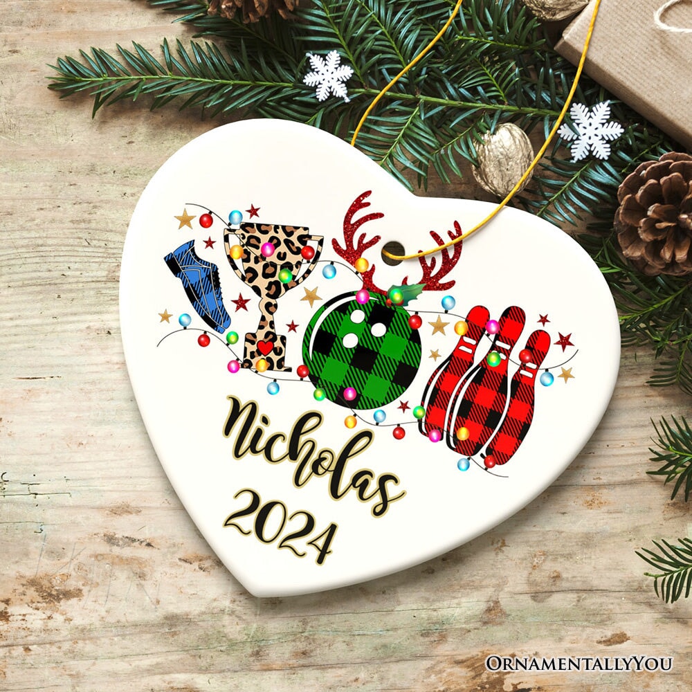 Personalized Bowling Buffalo Plaid Leopard Christmas Ornament, Ball Pins and Trophy Ceramic Ornament OrnamentallyYou Heart 