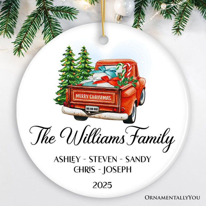 Personalized Family Christmas Ornament With Red Truck, Custom Name For All Family Members