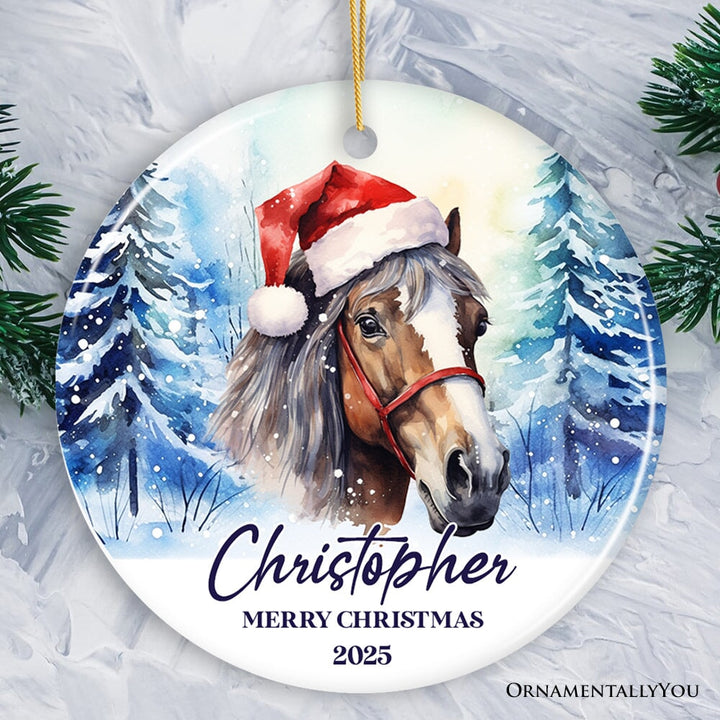 Horse with Santa Hat Personalized Ornament, Winter Forest Christmas Gift With Custom Name and Date Ceramic Ornament OrnamentallyYou Circle 