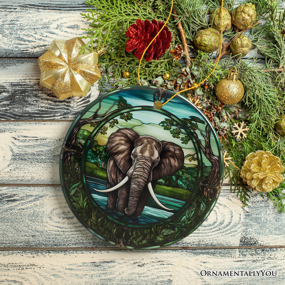 African Pachyderm Elephant Stained Glass Style Ceramic Ornament, Safari Animals Christmas Gift and Decor Ceramic Ornament OrnamentallyYou 