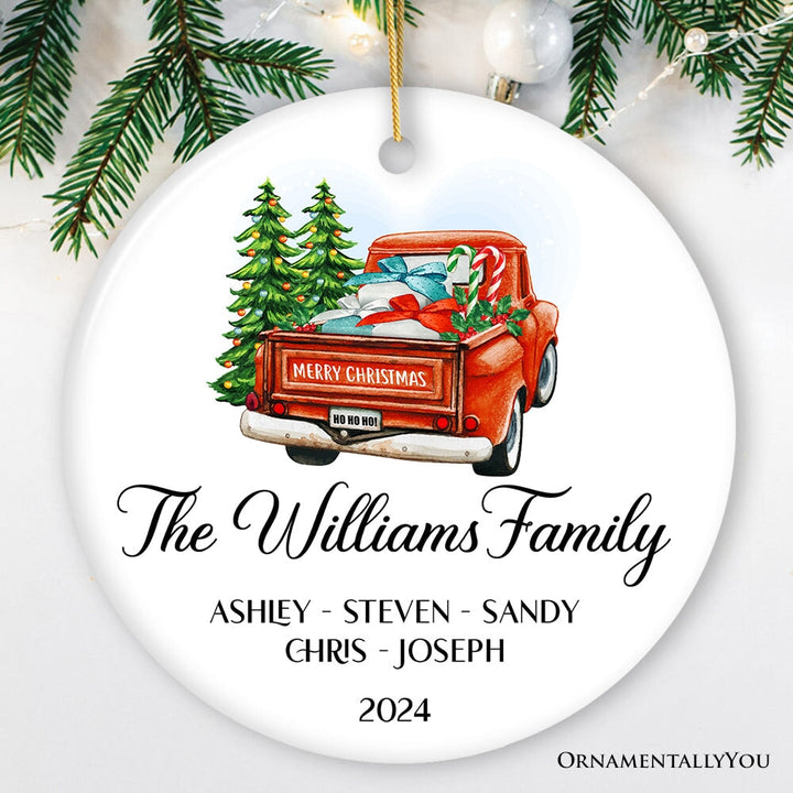 Personalized Family Christmas Ornament With Red Truck, Custom Name For All Family Members Ceramic Ornament OrnamentallyYou Circle 