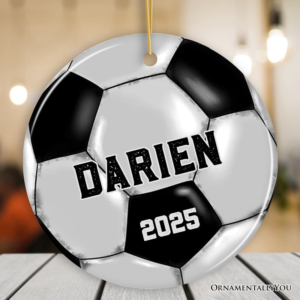 Personalized Soccer Christmas Ornament, Festive Holiday Theme with Name and Date Ceramic Ornament OrnamentallyYou Circle 