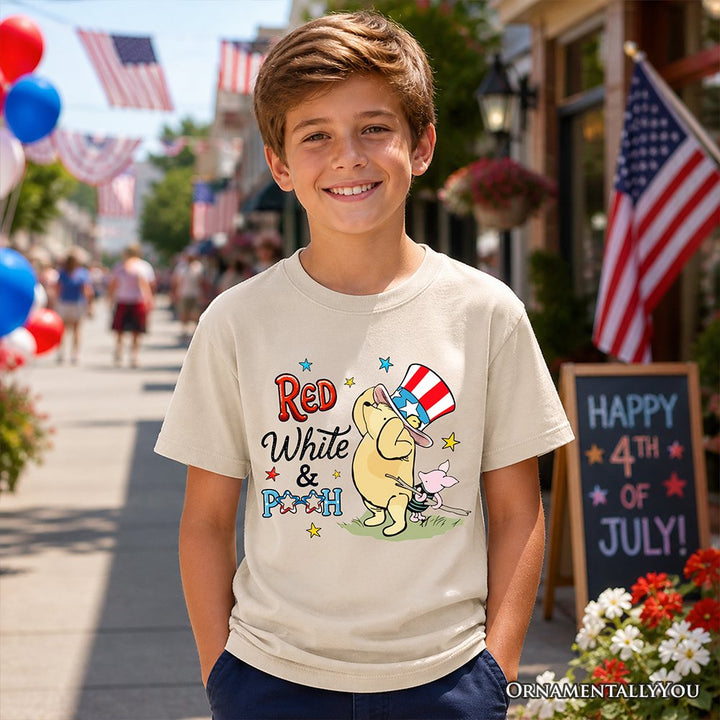 Kids Red White & Proud Winnie-the-Pooh T-Shirt, 1926 A.A. Milne Youth Patriotic 4th of July Tee Kid's T-Shirts OrnamentallyYou 