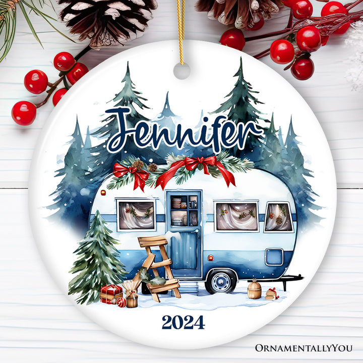 Camping Personalized Ornament, Enchanted Frost Winter Christmas Gift With Custom Name and Date