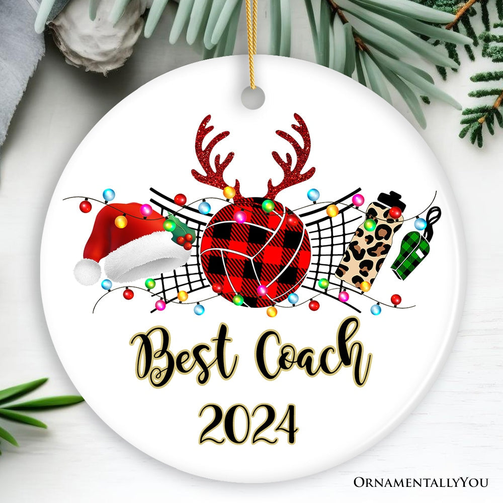 Personalized Volleyball Buffalo Plaid Leopard Merry Christmas Ornament, Team and Coaches Gift Ceramic Ornament OrnamentallyYou Circle 