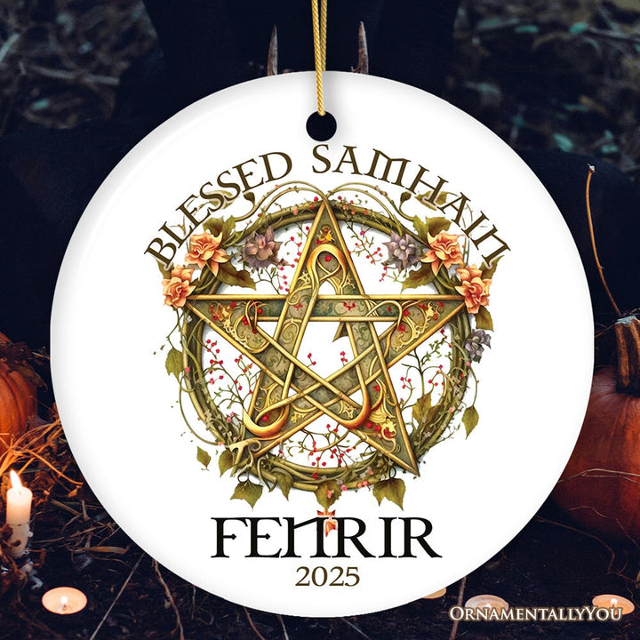 Wiccan Blessed Samhain Personalized Ornament, Witch Sabbat Pentagram Custom Decoration Ceramic Ornament OrnamentallyYou Circle 