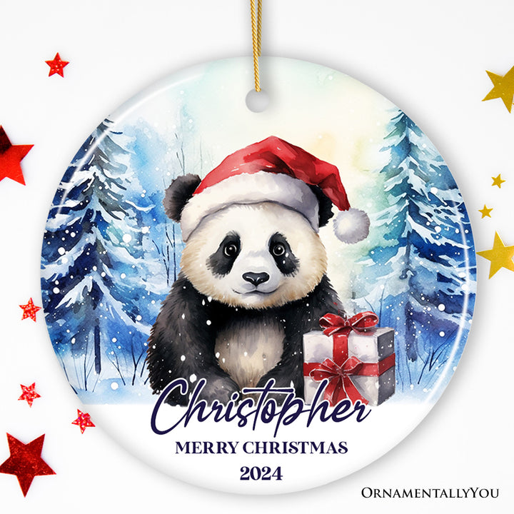 Panda with Santa Hat Personalized Ornament, Winter Forest Christmas Gift With Custom Name and Date