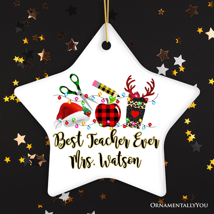 Personalized Plaid Teacher Merry Christmas Ornament, Holiday School Xmas Gift