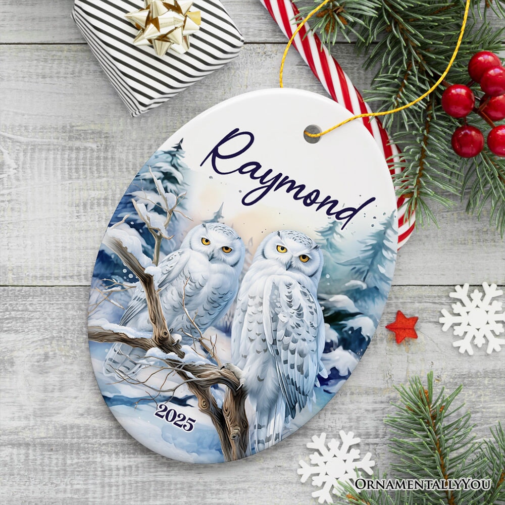 Snowy Owl Personalized Ornament, Grand Arctic Majesty Christmas Gift With Custom Name and Date Ceramic Ornament OrnamentallyYou Oval 