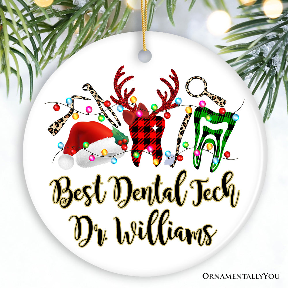 Personalized Dentist Buffalo Plaid Leopard Merry Christmas Ornament, Dental Gift