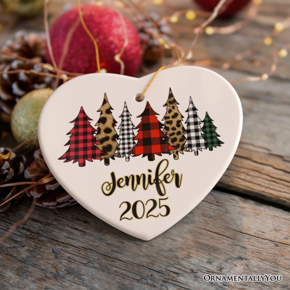 Merry Christmas Buffalo Plaid and Leopard Cheetah Trees Personalized Ornament Ceramic Ornament OrnamentallyYou Heart 