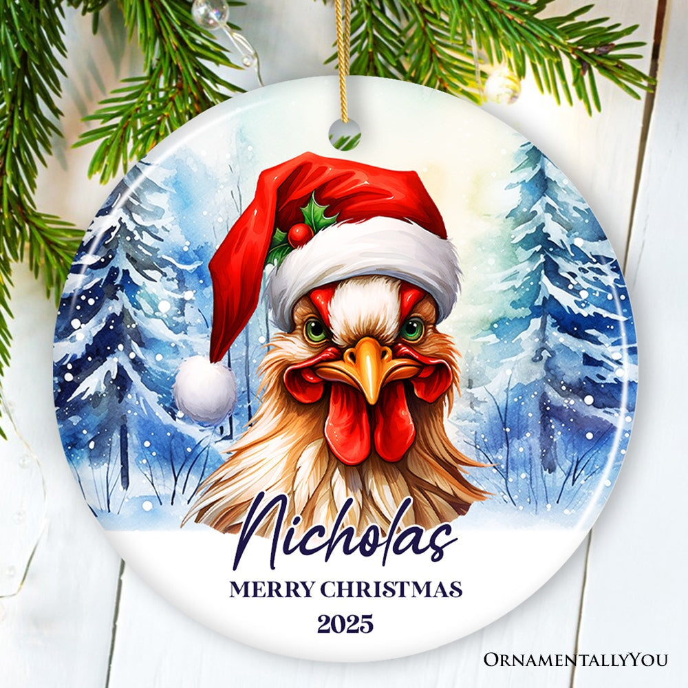 Rooster with Santa Hat Personalized Ornament Winter Forest Christmas Gift With Custom Name and Date Ceramic Ornament OrnamentallyYou Circle 