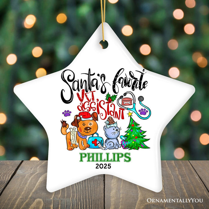 Colorful & Fun Santa's Favorite Vet Assistant's Paw-some Christmas Ornament, Veterinary Animal Health Worker Appreciation Gift Ceramic Ornament OrnamentallyYou Star 