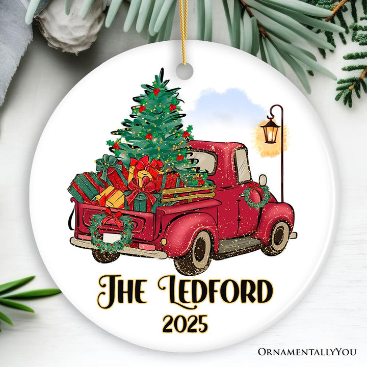 Vintage Red Truck Personalized Ornament, Christmas Keepsake Family Gift Ceramic Ornament OrnamentallyYou Circle 