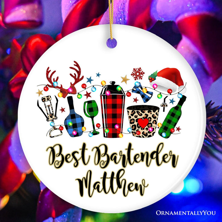 Personalized Bartender Buffalo Plaid Leopard Merry Christmas Ornament Gift Ceramic Ornament OrnamentallyYou Circle 