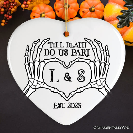 Minimalist Skeleton Couple Personalized Ornament, Spooky Wedding Keepsake Gift Ceramic Ornament OrnamentallyYou Heart 