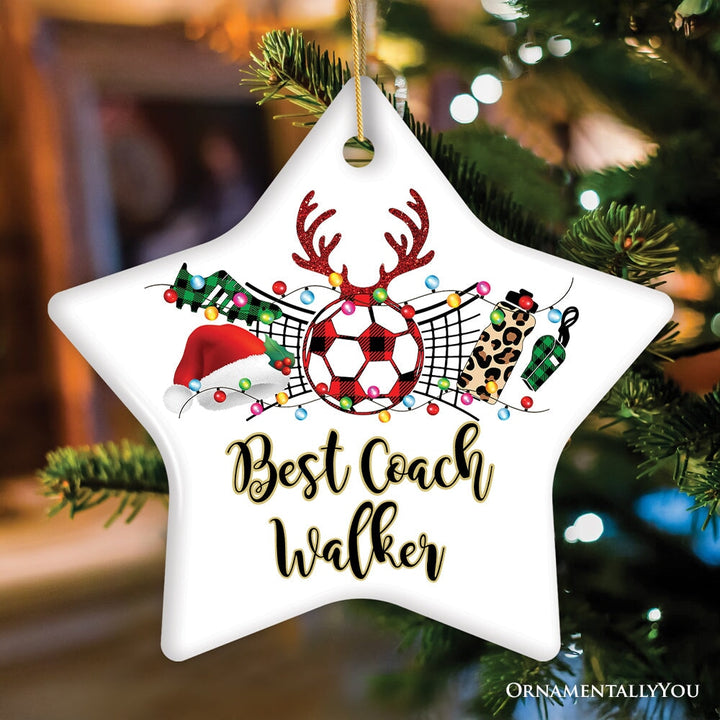 Personalized Soccer Buffalo Plaid Leopard Merry Christmas Ornament, Team and Coaches Gift Ceramic Ornament OrnamentallyYou Star 