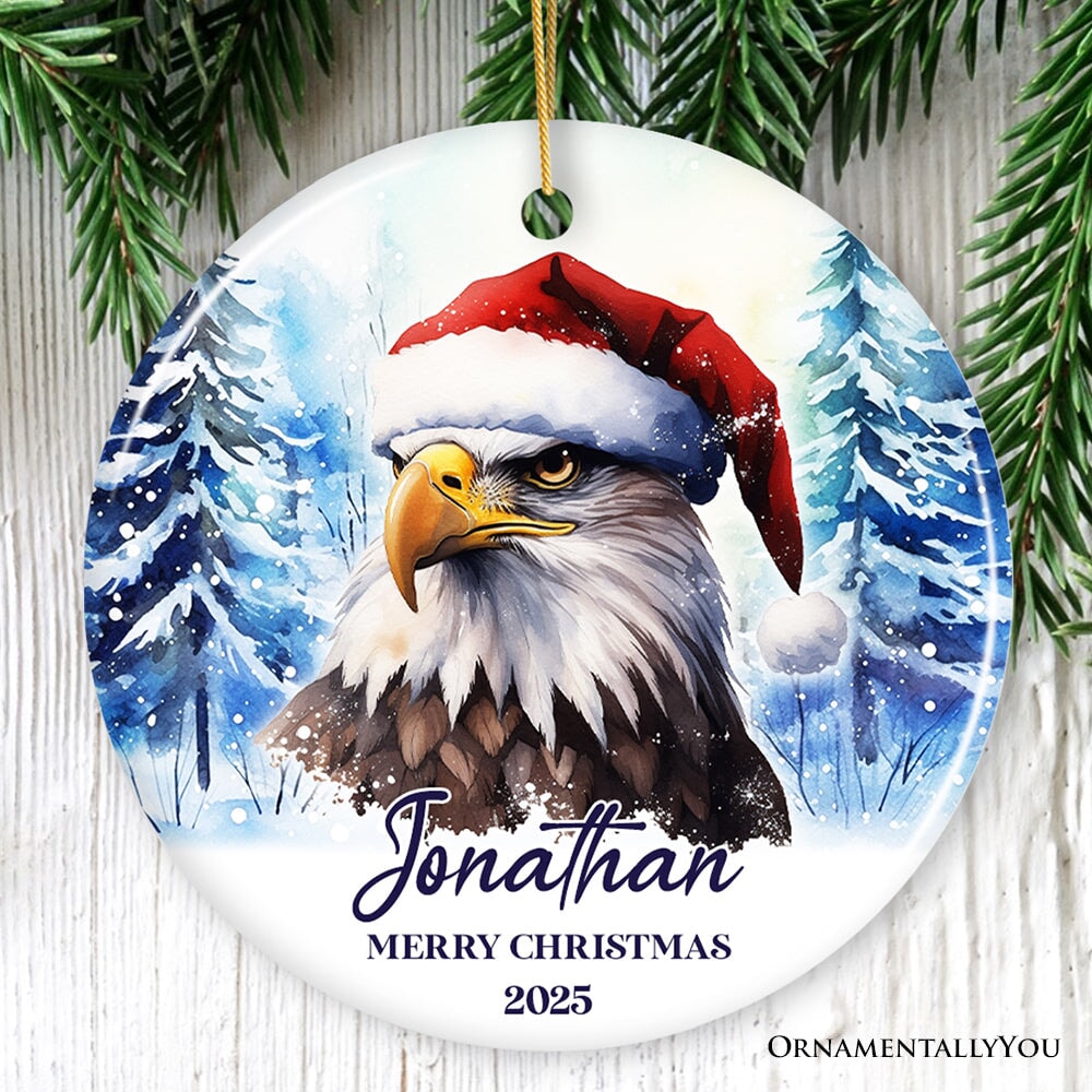 American Bald Eagle with Santa Hat Personalized Ornament, Winter Forest Christmas Gift With Custom Name and Date Ceramic Ornament OrnamentallyYou Circle 