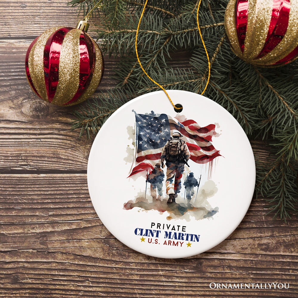 U.S. Army Private Personalized Ornament, Veteran Christmas Decor and Military Gift Ceramic Ornament OrnamentallyYou Circle 