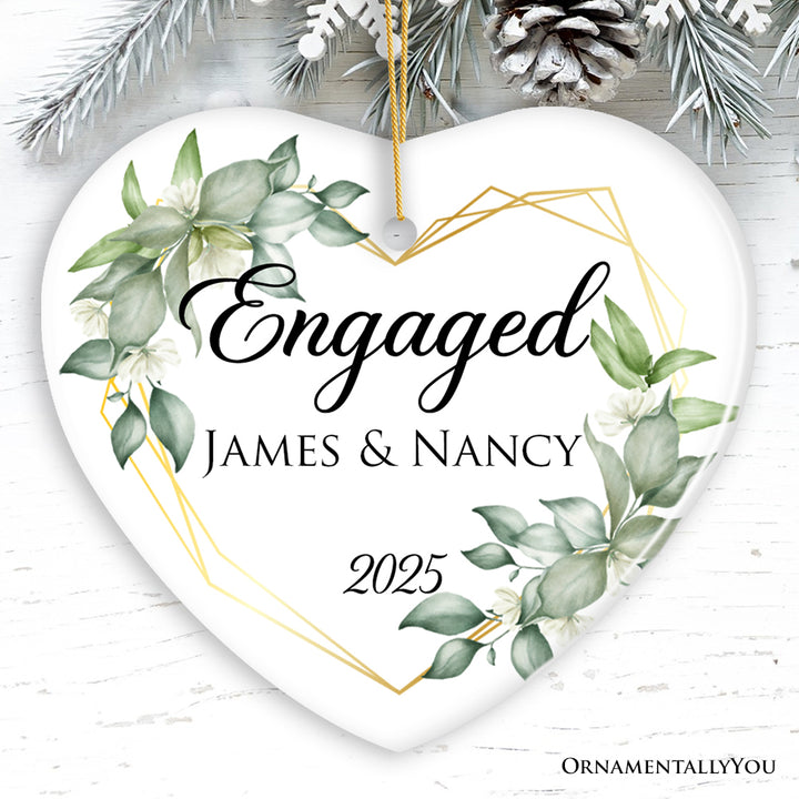 Personalized Engaged Ornament with Heart Flower Frame, Custom Name and Date Gift for Couple