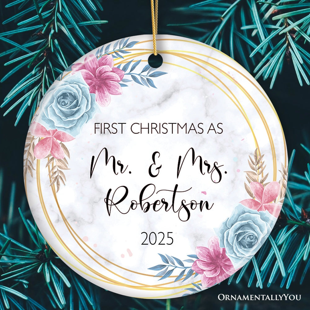 First Christmas As Mr. and Mrs. Personalized Ornament, Marble Watercolor Flowers Round Frame Ceramic Ornament OrnamentallyYou Circle 