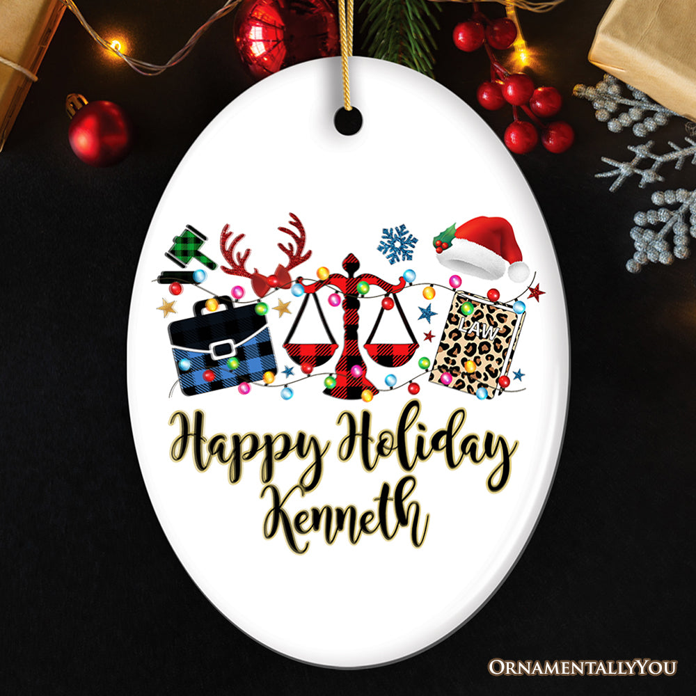 Personalized Law and Legal Theme Buffalo Plaid Christmas Ornament, Lawyer and Paralegal Clerk Gift Ceramic Ornament OrnamentallyYou Oval 