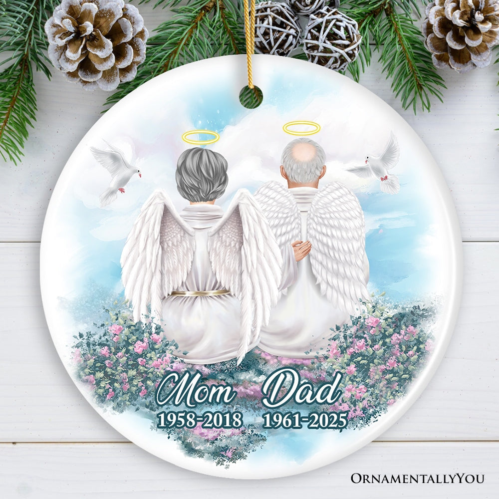 Family in Heaven Personalized Ornament, Grandparents or Parents Keepsake Angel with Wings Christmas Memorial Decoration Ceramic Ornament OrnamentallyYou Circle 