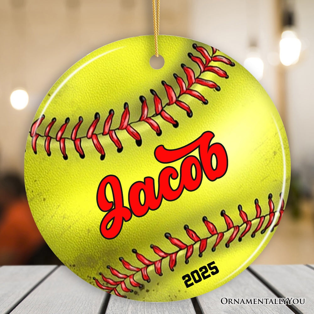 Personalized Softball Christmas Ornament, Festive Holiday Theme with Name and Date Ceramic Ornament OrnamentallyYou Circle 